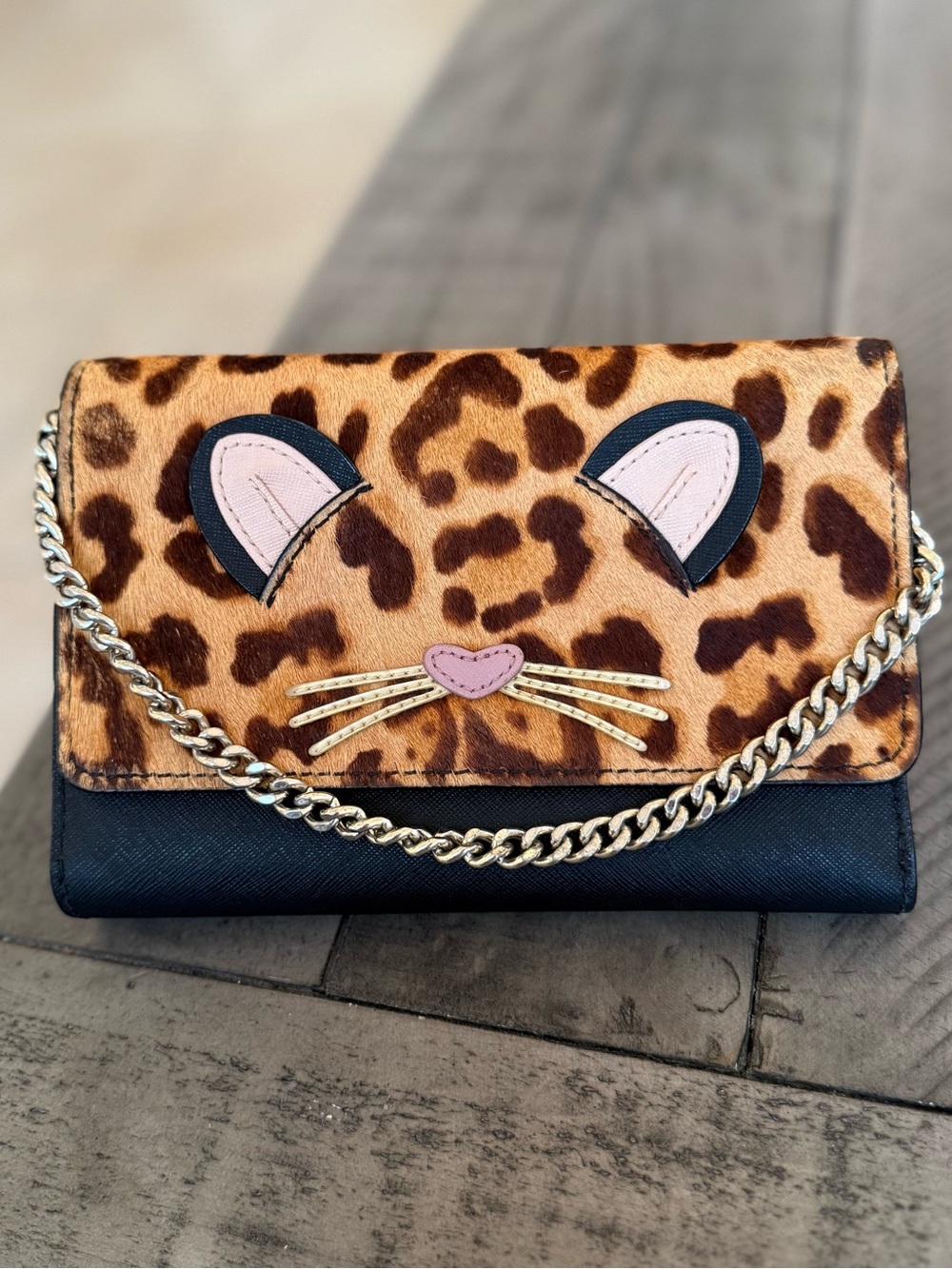 Kate Spade Kitty Cat Leopard Limited Edition Black Leather Calf Hair Crossbody